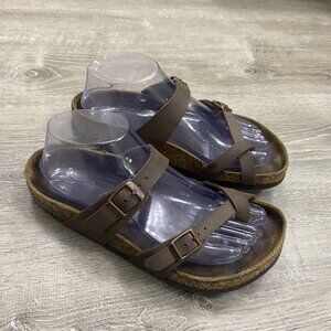 Birkenstock Mayari Womens 7 Sandals Slip On Slides Brown Leather Toe Loop EU 38